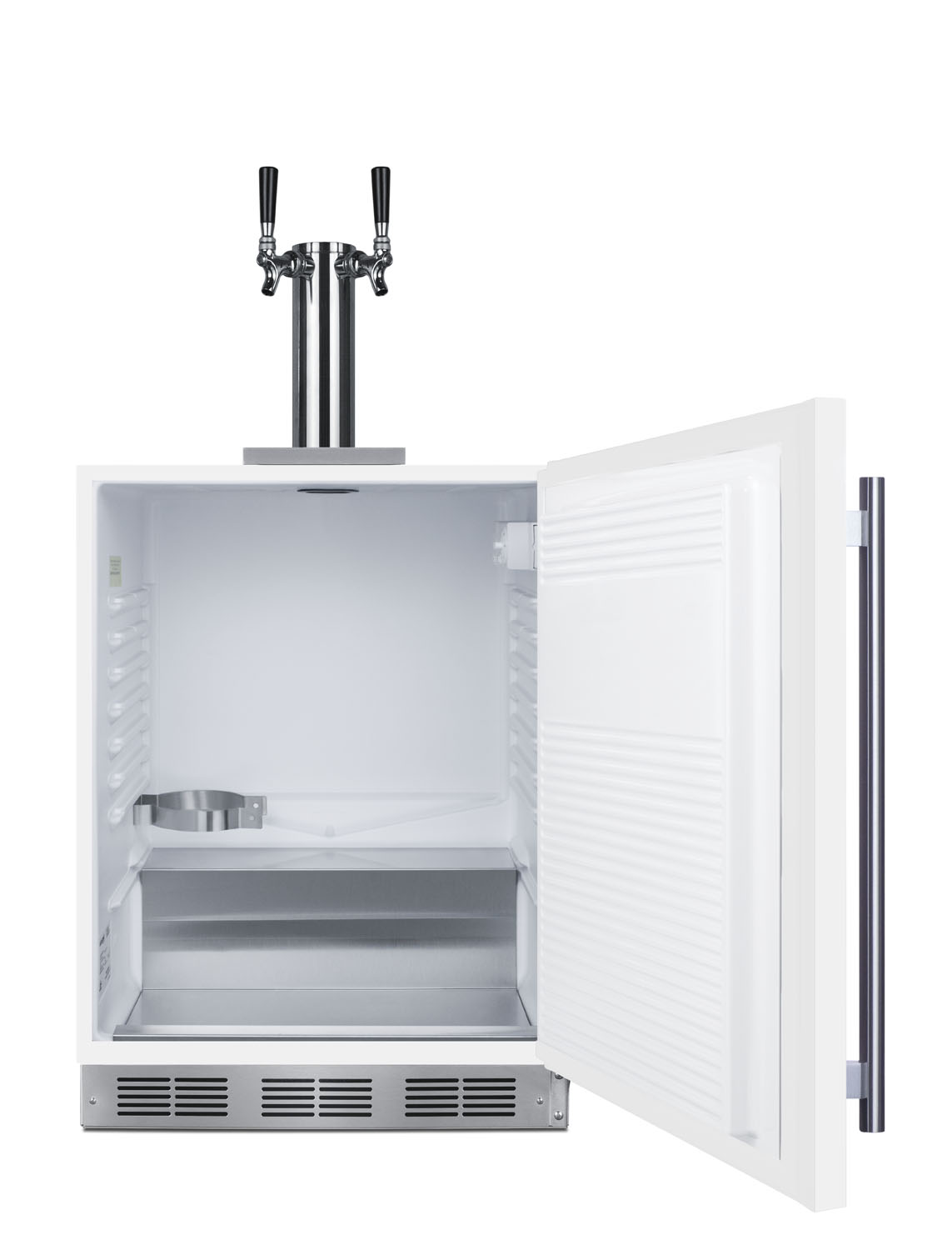 Built-in undercounter ADA height commercially listed dual tap cold brew coffee dispenser in white with stainless steel handle